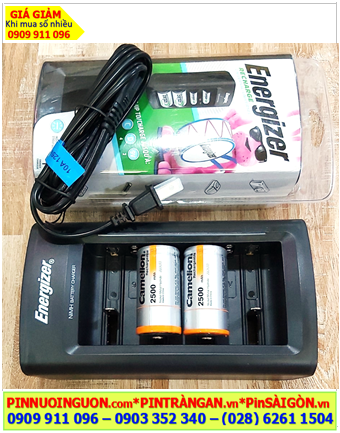 Energizer CHFC _Bộ sạc 4viên pin đại D 1.2v -Kèm sẳn 2 Pin sạc Camelion NH-D2500BP2 (D2500mAh-1.2v) chính hãng